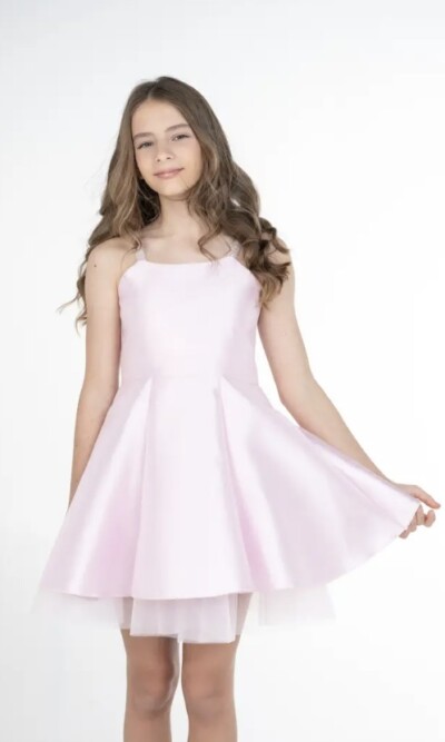 Home 9 Zoe Ltd Short Party Henley Dress in Light Pink Mikado Satin