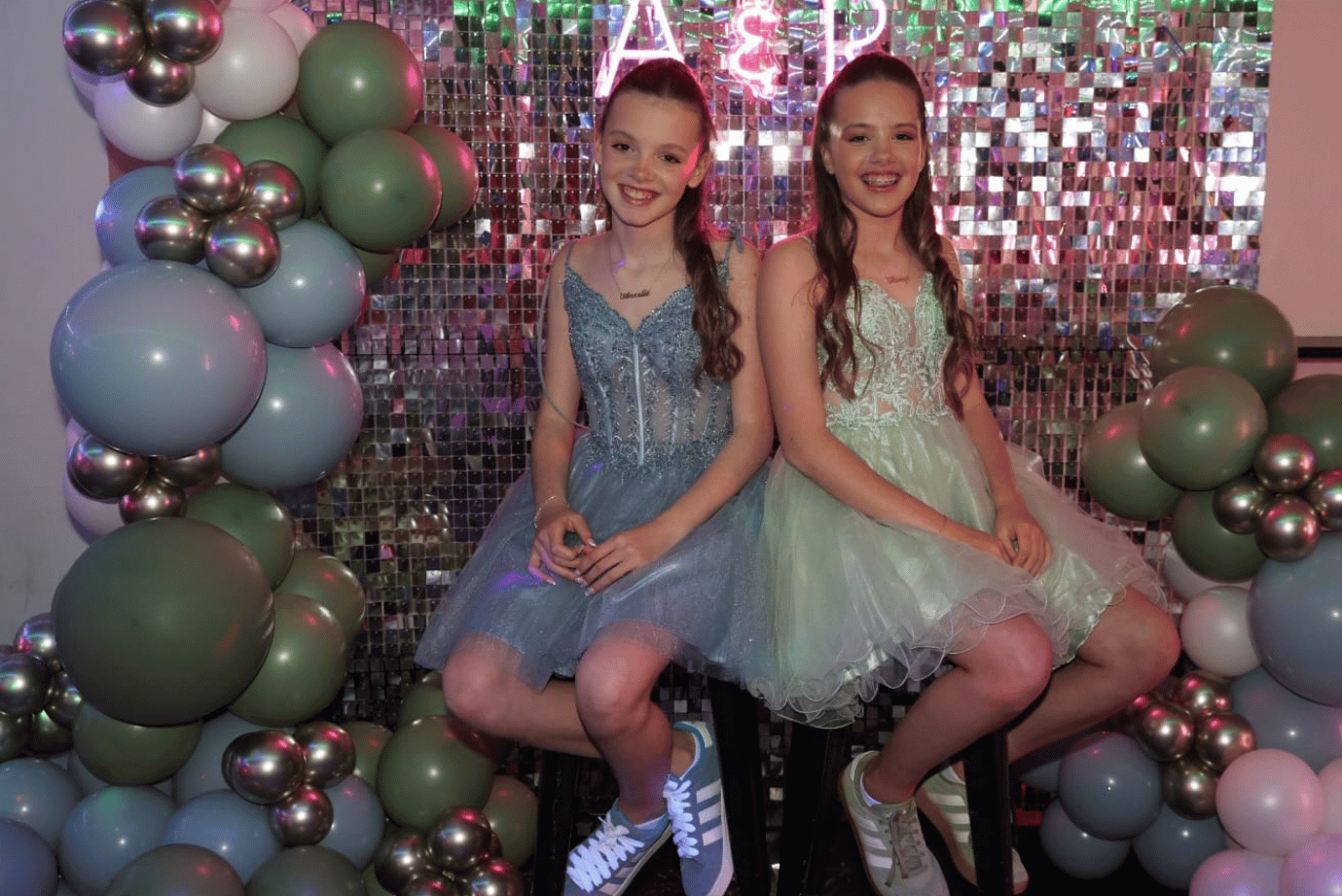 Home 18 Twin Batmitzvah Girls in Steel Blue and Sage Green Party Dresses